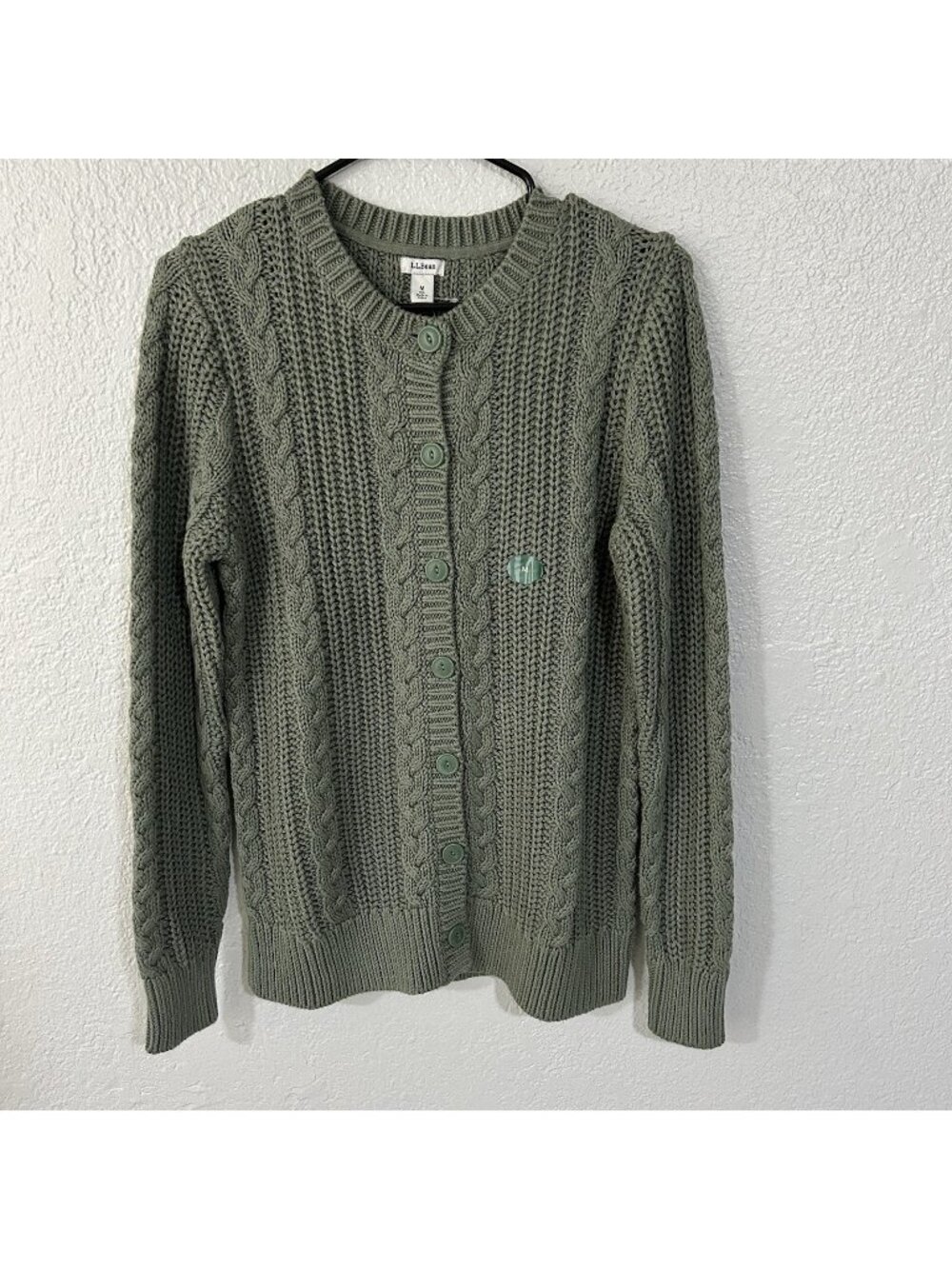 LL Bean Sweater Womens M Green Cable Knit Button Cardigan Fisherman Chunky NWT